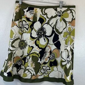 Hillard & Hanson green Floral A-Line Skirt Womens size 16 cotton stretch groovy